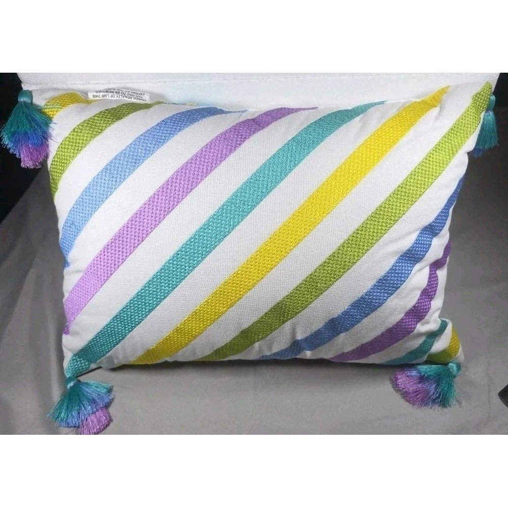H For Happy Multicolor‎ Kids Decorative Accent Pillow With Tassels 20X14in